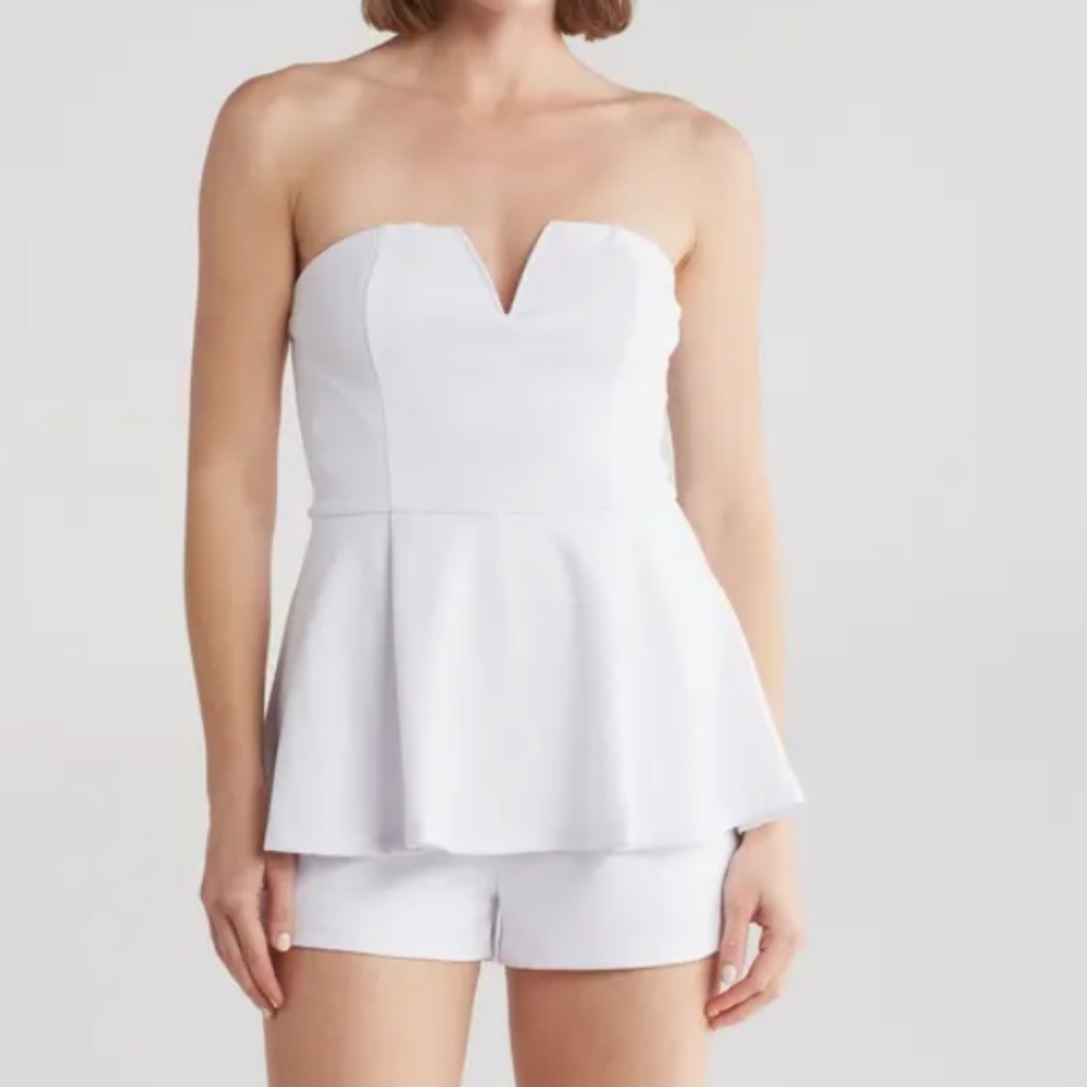 Bebe Strapless White Peplum Romper M